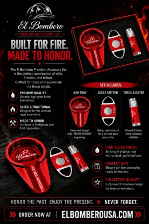 El Bombero cigar accessory gift set: red ashtray, cutter and lighter in a collector’s box