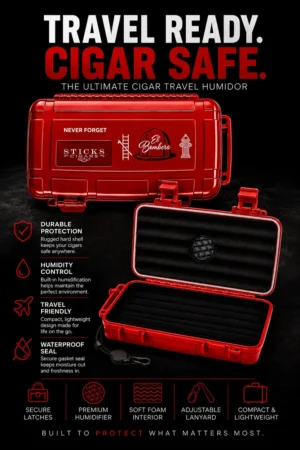 El Bombero waterproof cigar travel case in fire-engine red, closed